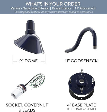 Steel Lighting Co. Venice Store Sign Light | for Outdoor Restaurant Accent Wall | 9 inch Dome | 11" Gooseneck | Made in America | Navy Blue Exterior/Brass Interior
