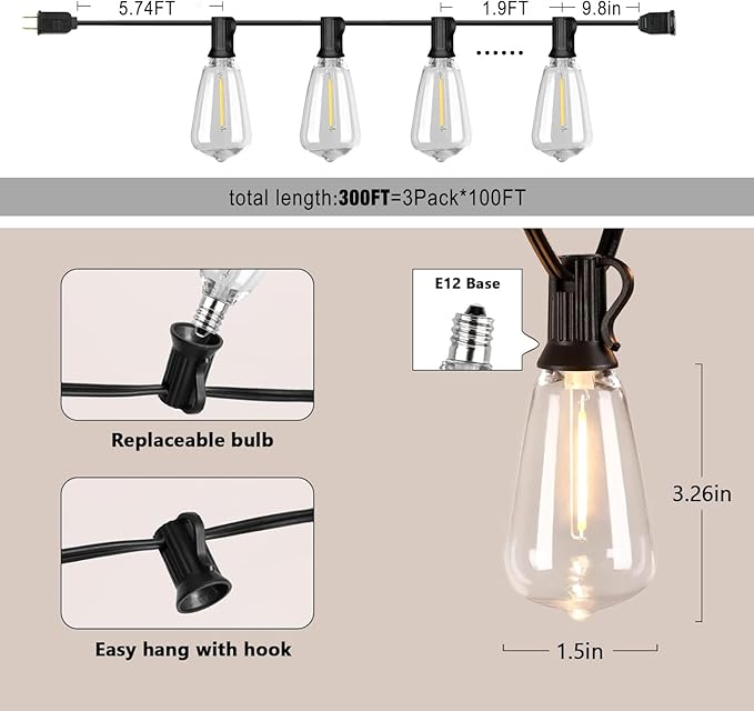300FT Edison String Lights Outdoor Waterproof with 150+6 Extral LED Shatterproof ST38 Edison Bulbs 2200K for Outside Patio Pergola Backyard Bistro Lights, 3 x 100FT Connectable