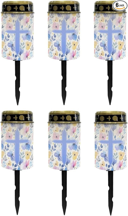 Poceacles Cross Solar Lights Outdoor Waterproof Cemetery Lights Solar Powered Grave Solar Lantern Outdoor Waterproof Walkway Lights for Lawn Garden Pathway, Blue Floral Cross, Pack of 6