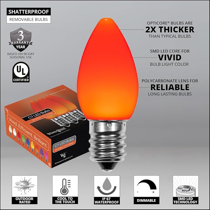 Wintergreen Lighting Opticore LED Smooth/Opaque Amber/Orange Commercial C7 Christmas Lights Vintage Style, Commercial String Christmas Lights Heavy Duty, Green Wire (25 Lights, 25 ft, Amber/Orange)