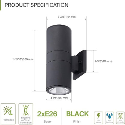 ASD 2 Light Dusk to Dawn Outdoor Wall Light Fixture | 120W E26 Bulb Socket 120V ETL Cylinder Up Down Lights | LED/CFL/Incandescent Bulb Exterior Wall Sconce | Front Door, Porch Patio | Black