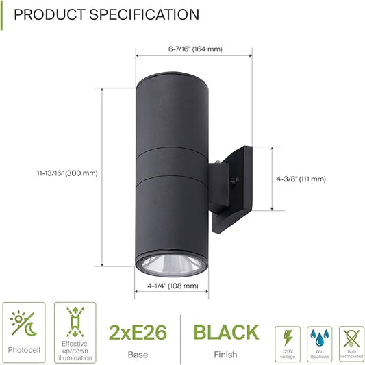 ASD 2 Light Dusk to Dawn Outdoor Wall Light Fixture | 120W E26 Bulb Socket 120V ETL Cylinder Up Down Lights | LED/CFL/Incandescent Bulb Exterior Wall Sconce | Front Door, Porch Patio | Black