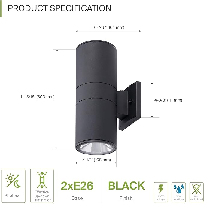 ASD 2 Light Dusk to Dawn Outdoor Wall Light Fixture | 120W E26 Bulb Socket 120V ETL Cylinder Up Down Lights | | Lumora