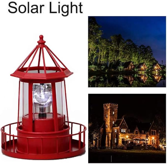 LED Solar Powered Lighthouse, 360 Degree Rotating Lamp Courtyard Decoration Waterproof Garden Smoke Towers Statue | Lumora