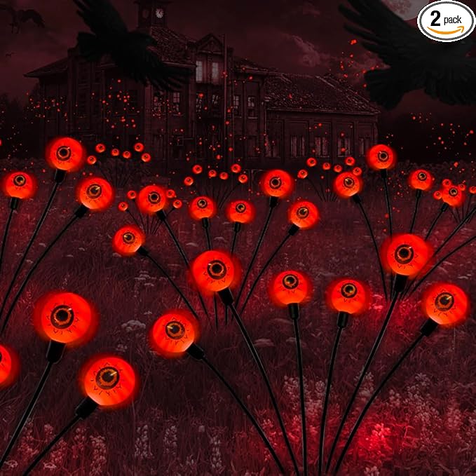 Outdoor Halloween Decorations Solar Spooky Lights-12LED Scary Eyeballs Swaying Firefly Light with Magic Party Garden Decor,Solar Halloween Path Lights for Grave Cemetery,Ghost Decor 2PACK Orange