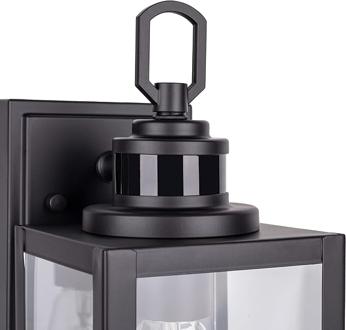 GRUENLICH Dusk to Dawn Outdoor Wall Lantern, PIR Motion Sensor Wall Sconce, E26 Base Max 60W, Metal Housing Plus Glass, Matte Black Finish, Bulb Not Included, 2-Pack
