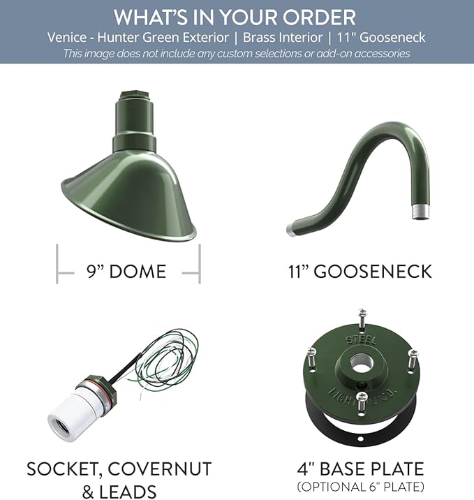 Steel Lighting Co. Venice Store Sign Light | for Outdoor Restaurant Accent Wall | 9 inch Dome | 11" Gooseneck | Made in America | Hunter Green Exterior/Brass Interior