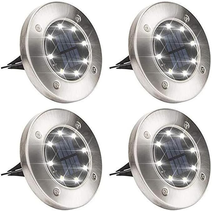 Solar In-Ground Lights Outdoor 8 LED Disk Light Solar Powered Landscape Path Lights for Garden Lawn Yard Patio Pool Patio Deck Driveway Walkway Pathway,Silver Finish,4 Pack (White)