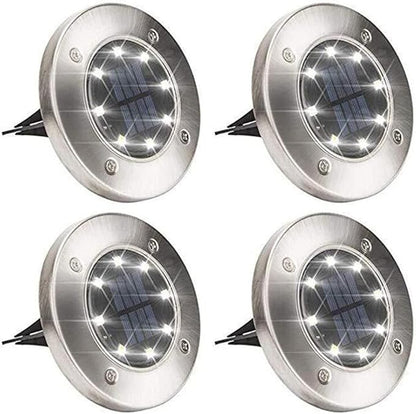 Solar In-Ground Lights Outdoor 8 LED Disk Light Solar Powered Landscape Path Lights for Garden Lawn Yard Patio Pool Patio Deck Driveway Walkway Pathway,Silver Finish,4 Pack (White)