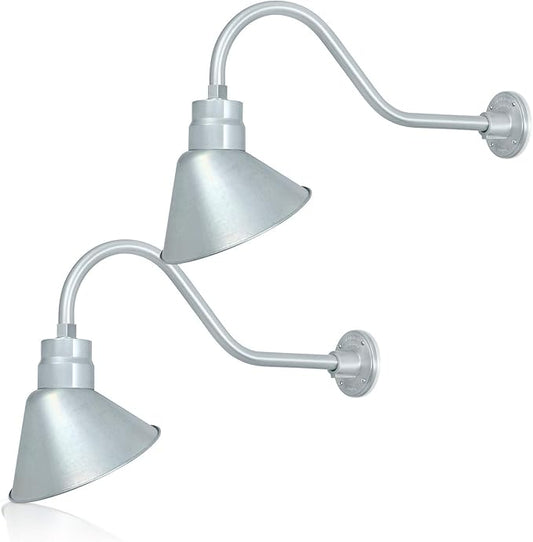 10in. Galvanized Finish Angle Shade Gooseneck Sign Light Fixture With 22in. Long Extension Arm - Wall Sconce Farmhouse, Antique Style - UL Listed - 9W 900lm A19 LED Bulb (5000K Cool White) - 2-Pack