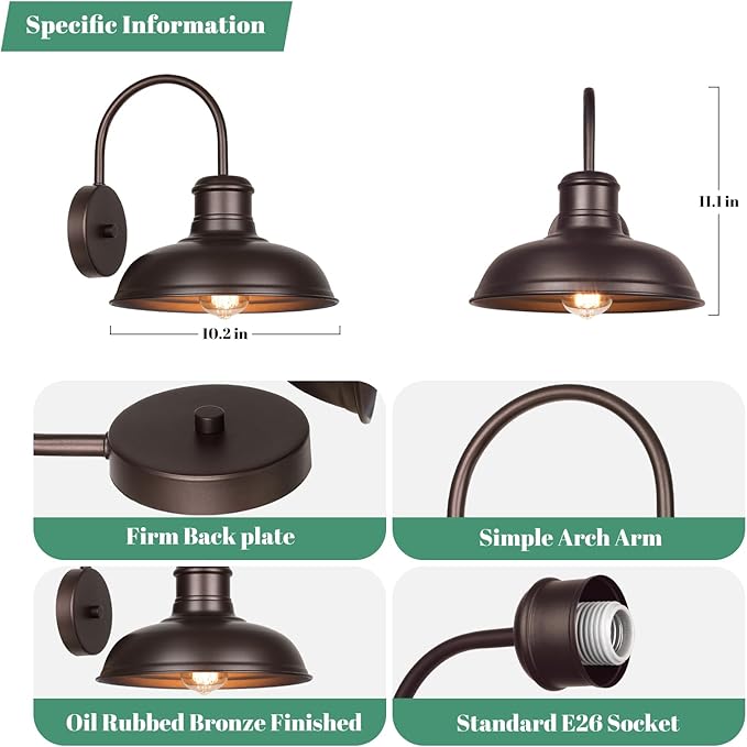 2-Pack Outdoor Gooseneck Porch Lights, Waterproof Barn Light Fixtures Wall Mount, Farmhouse Wall Sconce, Oil Rubbed Bronze Exterior Wall Lights, Outside Light for House Garage Patio Entryway, E26 Base