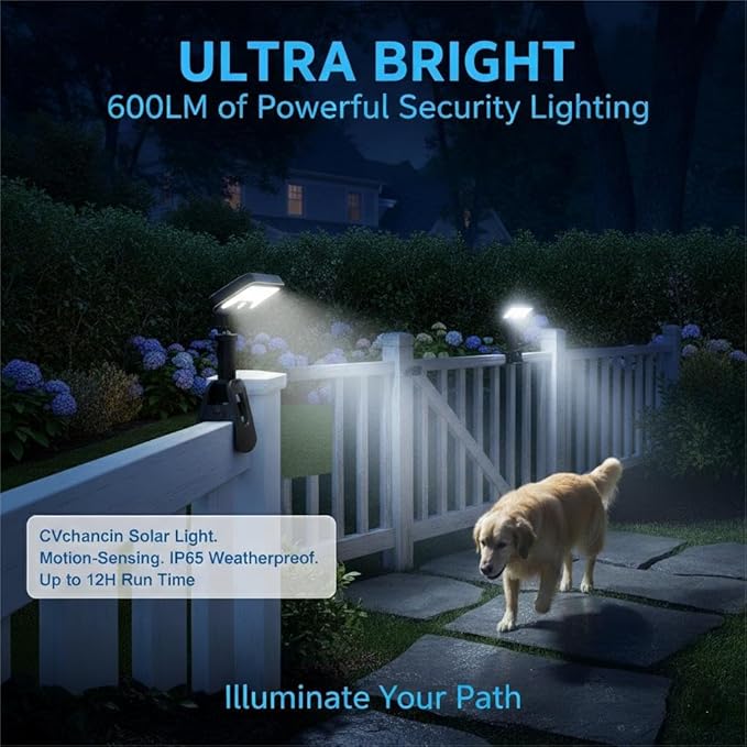Solar Lights Outdoor, Motion Sensor Clip On Lights for Fence Gutter, 92 LED 600LM IP65 Waterproof Security Lights, Solar Powered Motion Activated Light for Deck Patio Yard (2)