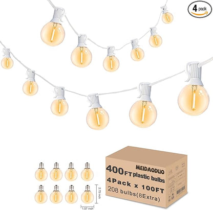 400FT White String Lights for Outside with 200+8 Extral LED G40 Bulbs Globe String Lights White Cord for Patio Pergola Gazebo Wedding Decoration, 4 x 100FT Connectable