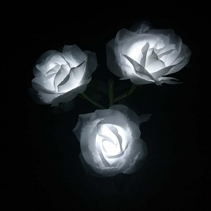 LED Solar Power Decorative Artificial Rose Flower Pot Plant Landscape Light Night Lamp Outdoor Garden Yard Pathway Lawn Grassland White