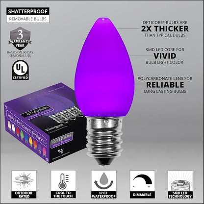 Wintergreen Lighting Opticore LED Smooth/Opaque Commercial C7 Christmas Lights Vintage Style, Commercial String Christmas Lights Heavy Duty, Green Wire (50 Lights, 50 ft, Purple)