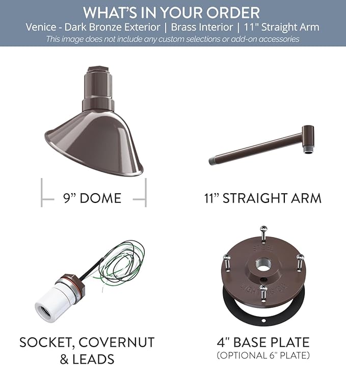 Steel Lighting Co. Venice Store Sign Light | for Outdoor Restaurant Accent Wall | 9 inch Dome | 11" Straight Arm | Made in America | Dark Bronze Exterior/Brass Interior