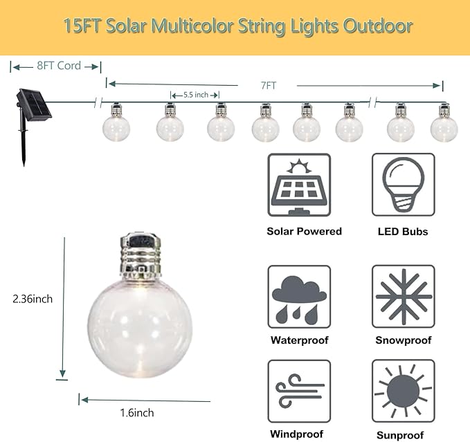 Vigdur Solar String Lights Outdoor, 2 Packs 7Ft Globe Multicolor String Lights with 15 Plastic Shatterproof LED Bulbs, Hanging Outdoor Patio Lights for Outside Backyard Porch Balcony Party