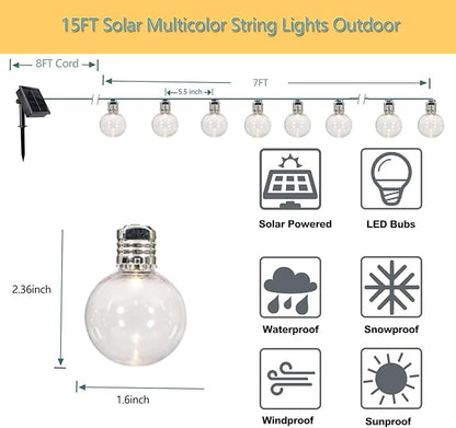 Vigdur Solar String Lights Outdoor, 2 Packs 7Ft Globe Multicolor String Lights with 15 Plastic Shatterproof LED Bulbs, Hanging Outdoor Patio Lights for Outside Backyard Porch Balcony Party