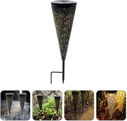 Hemoton Solar Outdoor Lawn Lights with Metal Hollow Cone Design Cordless Solar Garden Spot Lights for Patio Pathway Yard Landscape Lighting Easy Installation