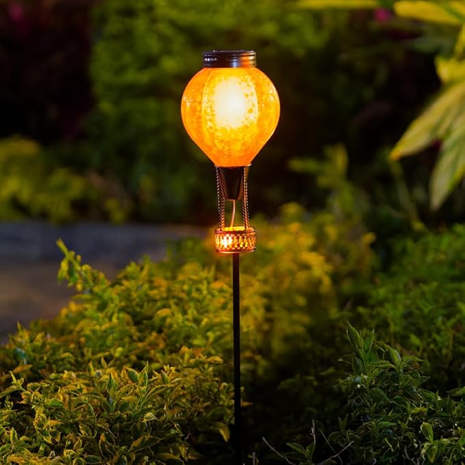 Outdoor Solar Lights Waterproof with Hot Air Balloon, Flickering Flame Solar Garden Light Glass Landscape Lamp, Stake Lights Outside Decor for Pathway Walkway Yard Patio