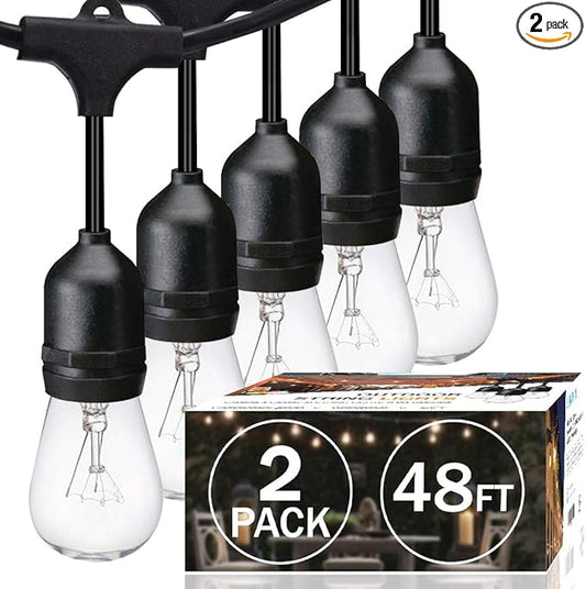 SUNTHIN 2 Pack 48FT Outdoor String Lights,Hanging Incandescent String Lights Commercial Grade Waterproof Patio Light Outside with Dimmable Connectable Edison Glass Bulbs for Bistro,Party,Holiday Decor