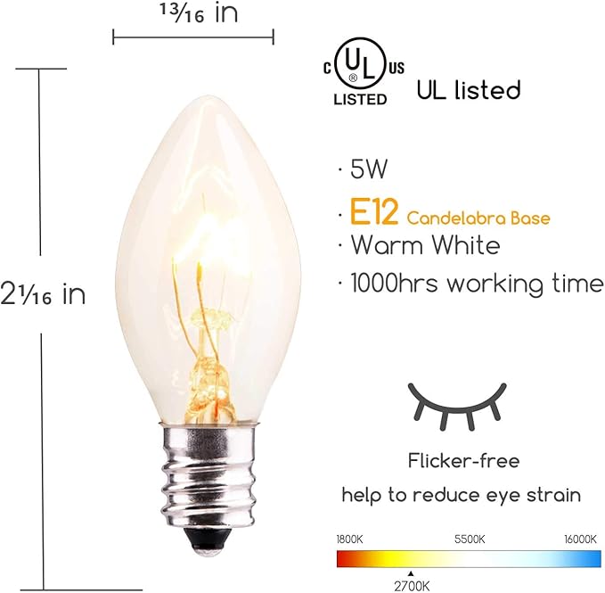 25 Pack C7 Clear Christmas Bulbs Replacement Light Bulbs for C7 E12 Base Christmas String Lights, Classic Christmas | Lumora