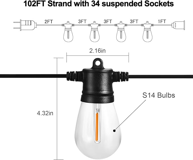 Banord 102FT Outdoor String Lights, Waterproof Patio Lights with 35 Shatterproof LED Bulb Hanging Light String | Lumora