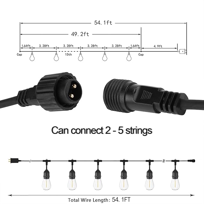 LOKATSE HOME 54 Ft S14 Outdoor String Lights 15 Edison Bulbs (+ 1 Spare) Waterproof Shatterproof E26 Base Connectable Commercial Grade Hanging for Patio Deck Backyard