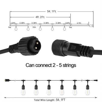 LOKATSE HOME 54 Ft S14 Outdoor String Lights 15 Edison Bulbs (+ 1 Spare) Waterproof Shatterproof E26 Base Connectable Commercial Grade Hanging for Patio Deck Backyard