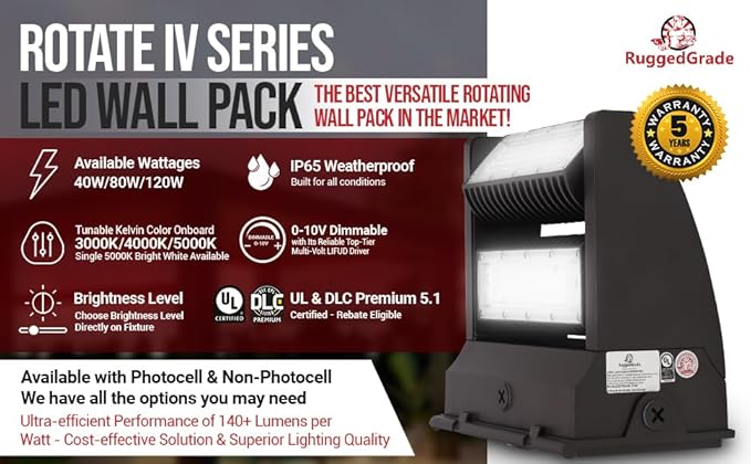RuggedGrade 120W - Rotate IV Series LED Wall Pack with Photocell - 17,100 Lumens - 5000K Bright White - Wattage Selectable - Outdoor LED Wall Light - Black - DLC 5.1 Premium