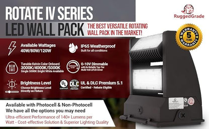 RuggedGrade 120W - Rotate IV Series LED Wall Pack - 17,100 Lumens - 4000K Natural White - Outdoor LED Wall Light - Brown - DLC 5.1 Premium