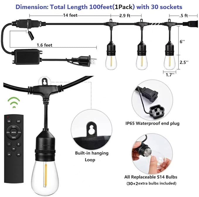 100FT Outdoor String Lights with Remote Control Patio Lights Waterproof Commercial Grade, 30+2 Replaceable Dimmable | Lumora