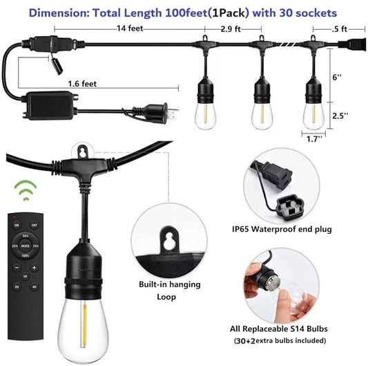 100FT Outdoor String Lights with Remote Control Patio Lights Waterproof Commercial Grade, 30+2 Replaceable Dimmable Edison Bulbs, Black 1Pack, Linkable, Hooks and Zip Ties Included