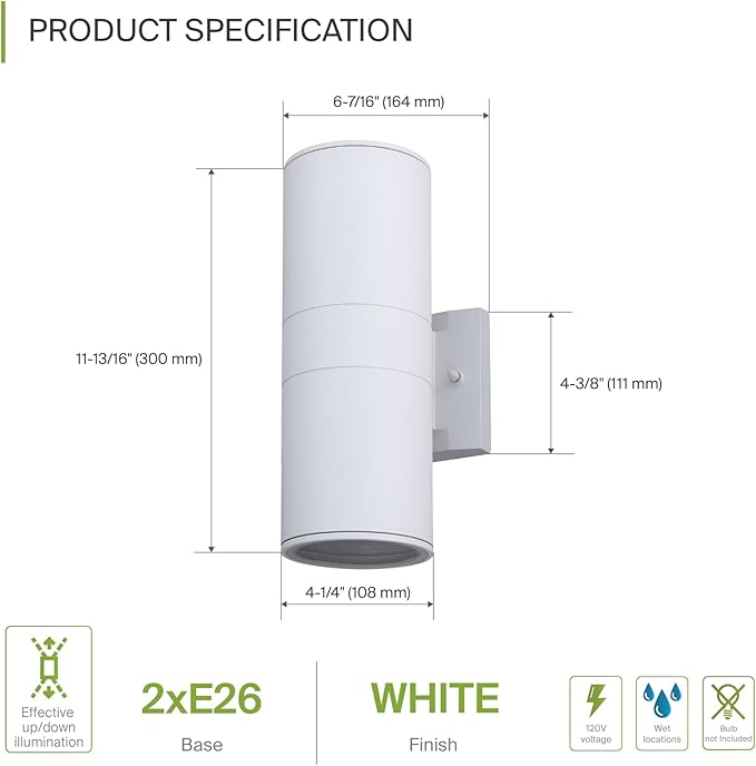 ASD 2 Light Outdoor Wall Light Fixture | 120W E26 Bulb Socket 120V ETL Cylinder Up Down Lights | | Lumora