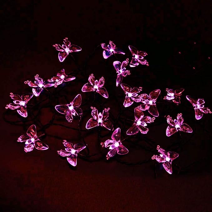 Solar String Lights, Waterproof 16ft 20LED Butterfly Christmas Fairy Lights Decorative Lighting for Home Party Wedding Patio Garden Porch Balcony (Pink)