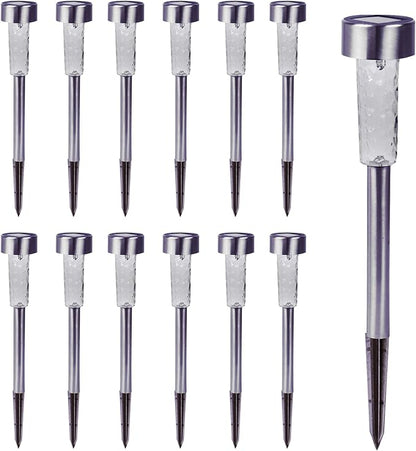 Crosslight Solar Powered Pathway Lights (12 Pack) - Outdoor Stainless Steel White LED Lights, Waterproof for Garden, Yard, Patio, Lawn, Walkway - Decorative Ground Stake Lighting | Silver