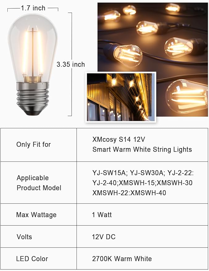 XMCOSY+ S14 12V Smart Warm White Plastic Bulbs S14 Smart Outdoor Patio String Lights