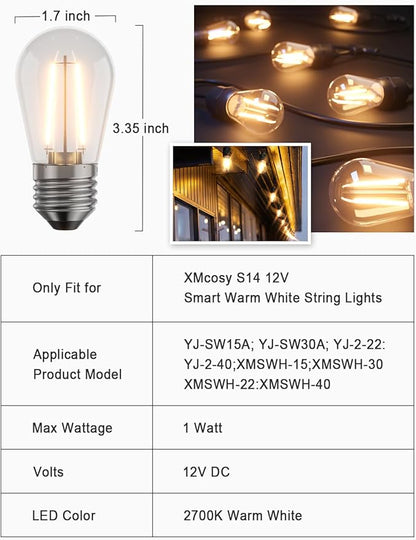 XMCOSY+ S14 12V Smart Warm White Plastic Bulbs S14 Smart Outdoor Patio String Lights