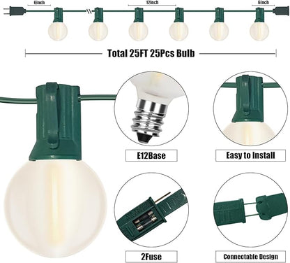 Abeja 25Ft Frosted White String Lights, G40 Globe Patio String Lights with 25 LED Frosted Bulbs(2 Spare), Vintage Backyard Patio Lights for Backyard Porch Balcony Party Wedding Umbrella-Green Wire