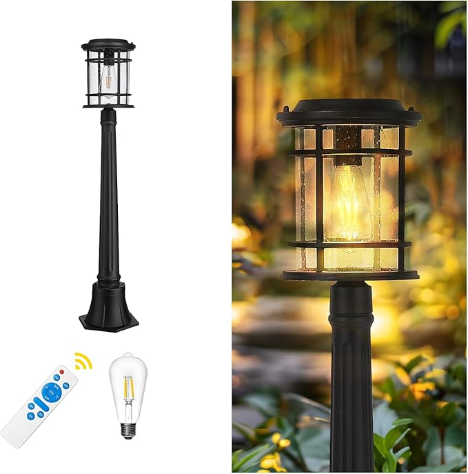 Emliviar Solar Pathway Lights Outdoor, Dusk to Dawn Walkway Light with Remote Control, Pole Light with Seeded Glass in Black Finish, LED Bulb Included, XE229PL-SL BK