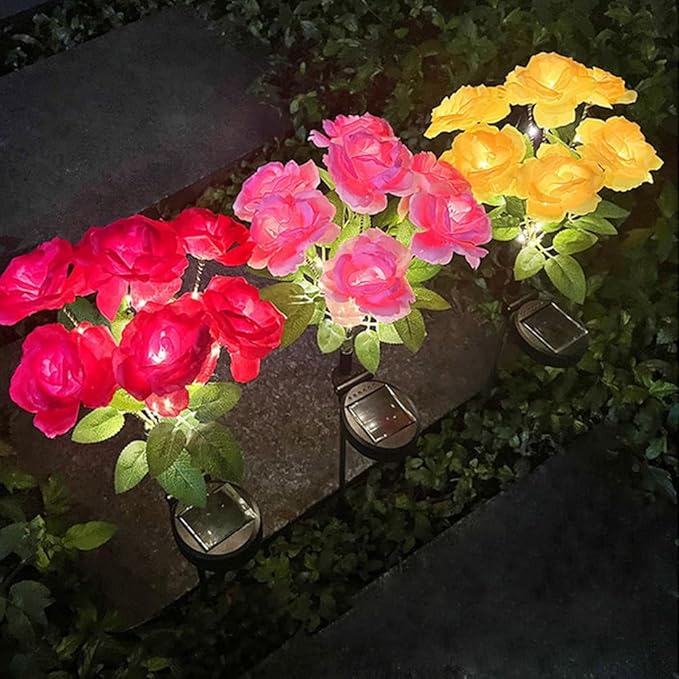 Aolyty Solar Garden Lights, 2 Pack Solar Rose Lights with 14 Rose Flowers, IP65 Waterproof LED Landscape Light Warm Light for Garden Patio Yard Pathway Valentines Day Outdoor Decorative (Red)