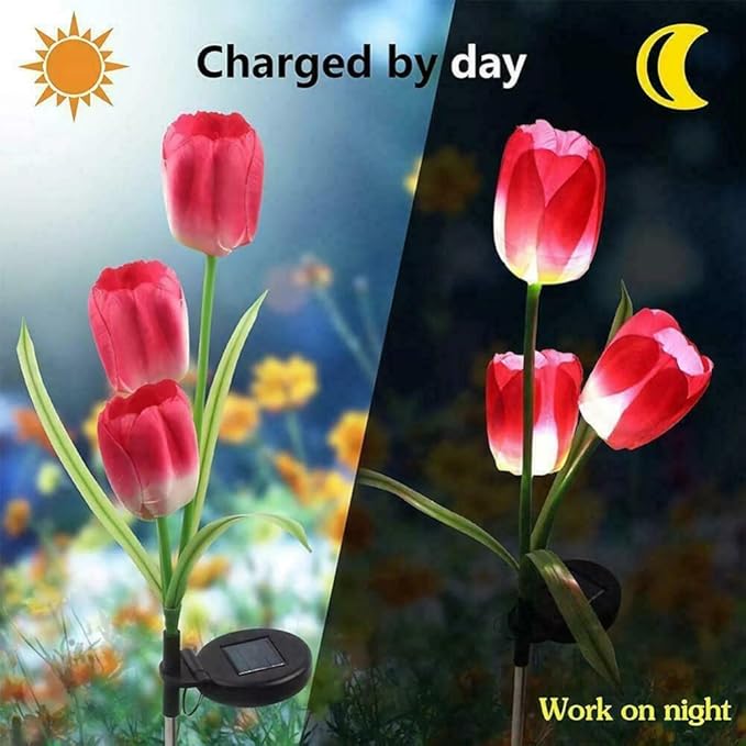 anso LED Solar Light Simulation Tulip Lawn Stake Lamps Outdoor Decor Garden DIY Path Light (Red)