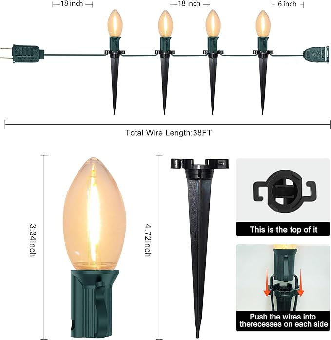 C9 Christmas String Lights Outdoor - 38FT Marker Stake Lights with 25 Clear LED Bulbs and 25 Stakes, Connectable | Lumora