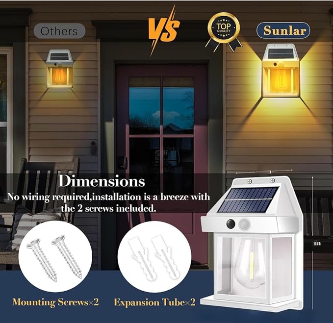 2-Pack 6.8" H Outdoor Solar Wall Light Motion Sensor Porch Flood Dawn Lighting 3 Lights Modes for Patio Garage Shed Barn Door Yard Outside Decorative Waterproot,- White.
