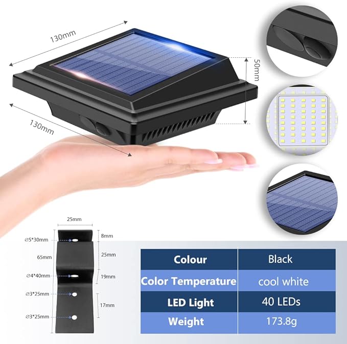 Gutter Lights, 40 LED Solar Patio Decor - Deck, Fence, Wall, Backyard, Porch, Pool, Step, Stairs, Yard, Garden, Pathway (4Pack, Black, Cool White Light)