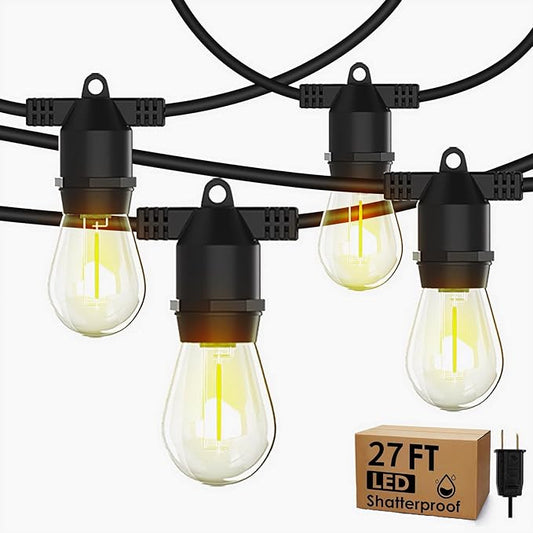 27FT LED String Lights Outdoor S14 Patio Light, Patio Lights Edison Shatterproof Bulbs Weatherproof Strand, Commercial Grade Outdoor Lighting, Decorative for Garden or Patio