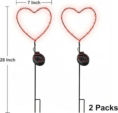 Solar Heart Garden Stake Light with Copper Wire LED - Red Light - Metal Frame Valentine's Day Outdoor Decor for Yard Patio Pathway - Waterproof Red Heart Shaped Solar Lights, Lawn Decor, Gift