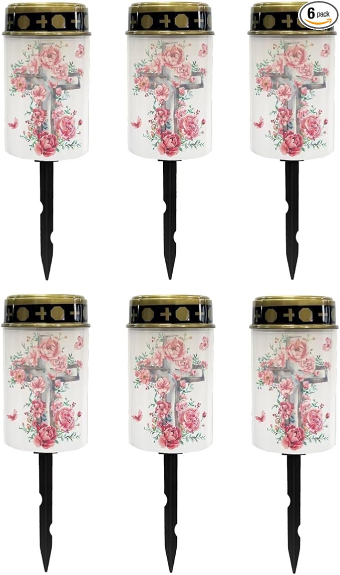 Poceacles Solar Lights Outdoor Waterproof Cemetery Lights Solar Powered Grave Solar Lantern Outdoor Waterproof Walkway Lights for Lawn Garden Pathway, Red Flower Butterfly Cross, Pack of 6