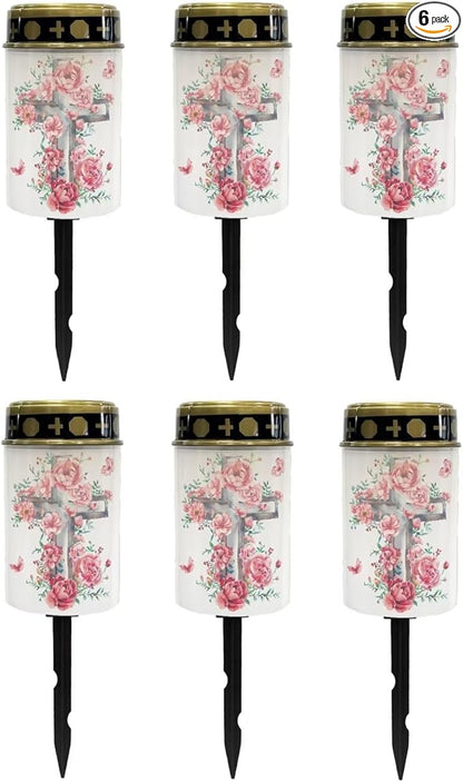 Poceacles Solar Lights Outdoor Waterproof Cemetery Lights Solar Powered Grave Solar Lantern Outdoor Waterproof Walkway Lights for Lawn Garden Pathway, Red Flower Butterfly Cross, Pack of 6