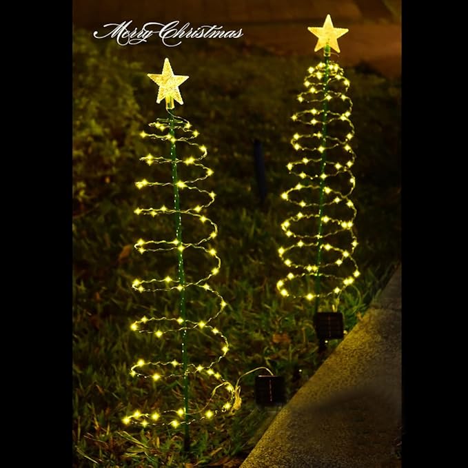 2 Pack Solar Spiral Christmas Trees with Warm White Lights, 36" Outdoor Light Up Xmas Pathway Markers with Stake, Auto On/Off & Waterproof Lights for Winter Patio Yard Walkway Driveway Decor